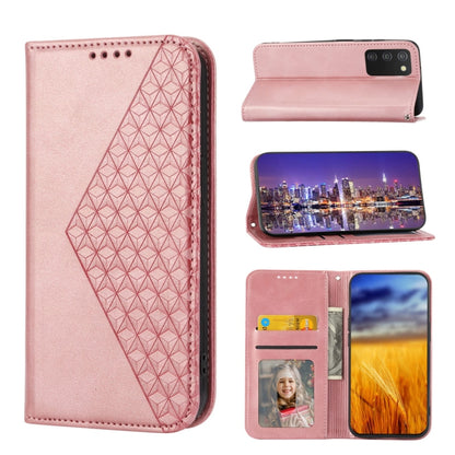 Magnetic leather phone case with cubic grid texture, card slots and photo window (pink)