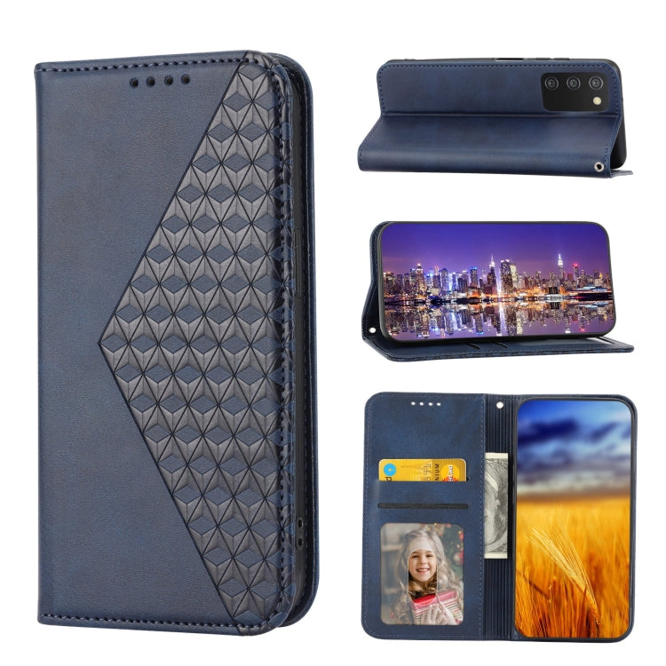 Dark blue leather phone case with cubic grid texture, magnetic closure, and wallet card compartments