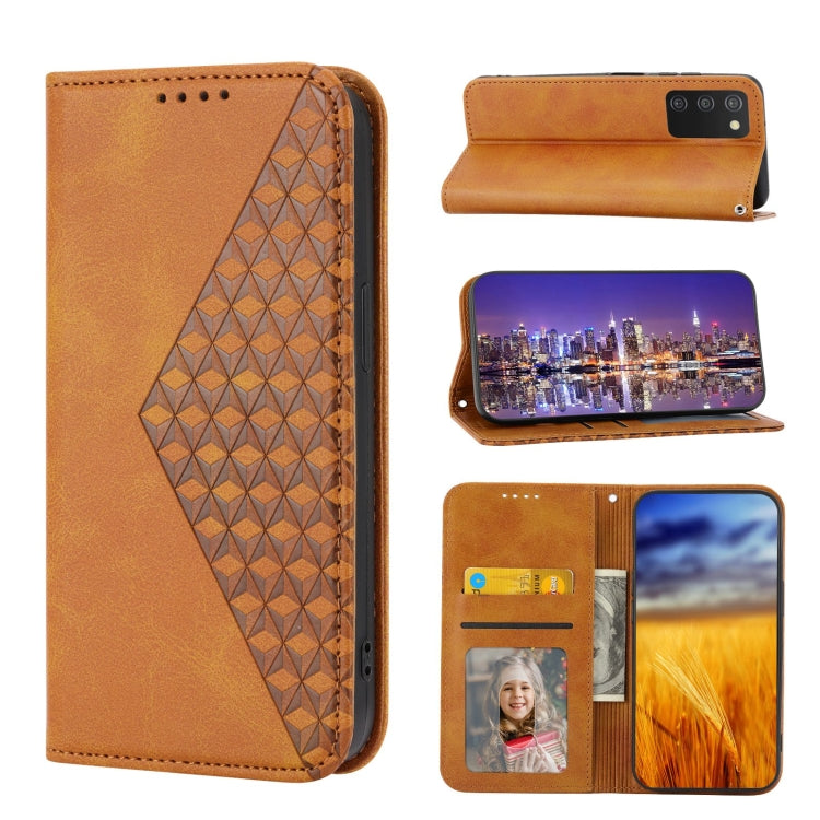 Brown leather phone case, cubic geometric back, magnetic closure, card slots