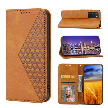 Brown leather phone case, cubic geometric back, magnetic closure, card slots