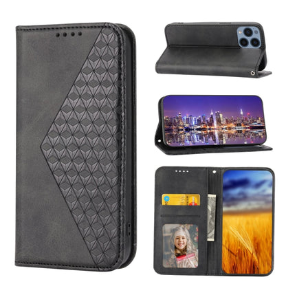 Black leather folio phone case with geometric grid texture, magnetic closure and card holders