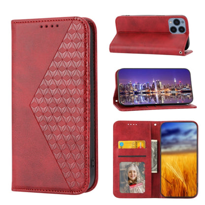 Red leather phone case with geometric cubic embossed pattern and magnetic closure