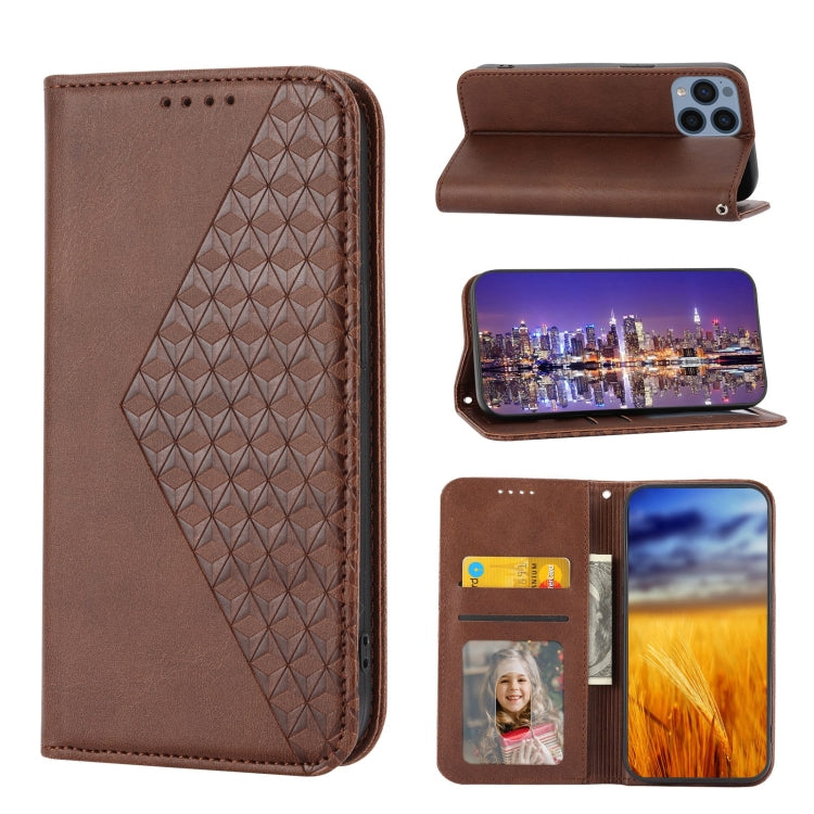 Magnetic leather phone case with cubic grid texture, card slots and photo window (brown)
