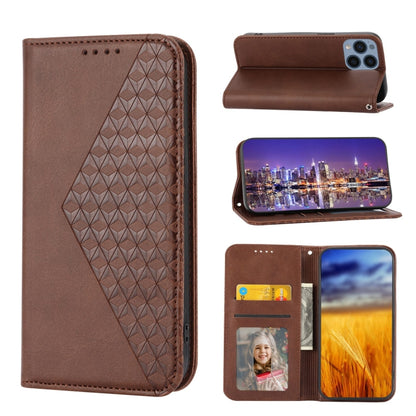 Magnetic leather phone case with cubic grid texture, card slots and photo window (brown)