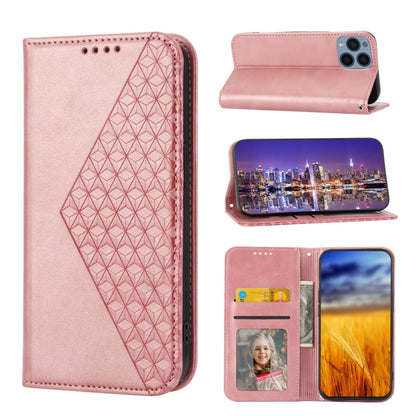 Pink leather phone case with cubic grid texture, magnetic closure, and flip wallet slots