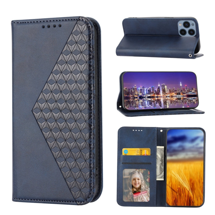 Dark blue leather flip phone case with cubic grid texture and magnetic closure; wallet with card slots