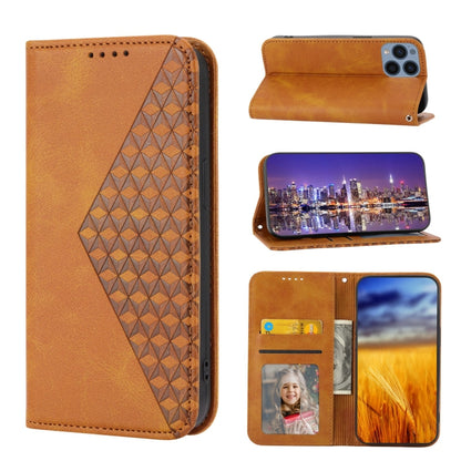 Brown leather wallet phone case, cubic geometric pattern, magnetic clasp, card pockets