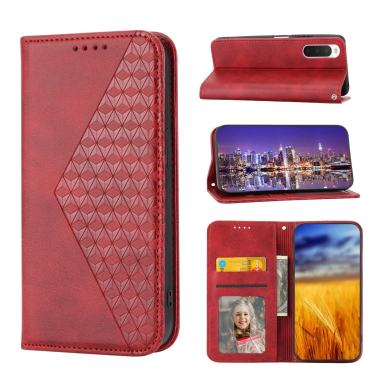 Red leather phone case with cubic grid texture, magnetic closure and camera cutout