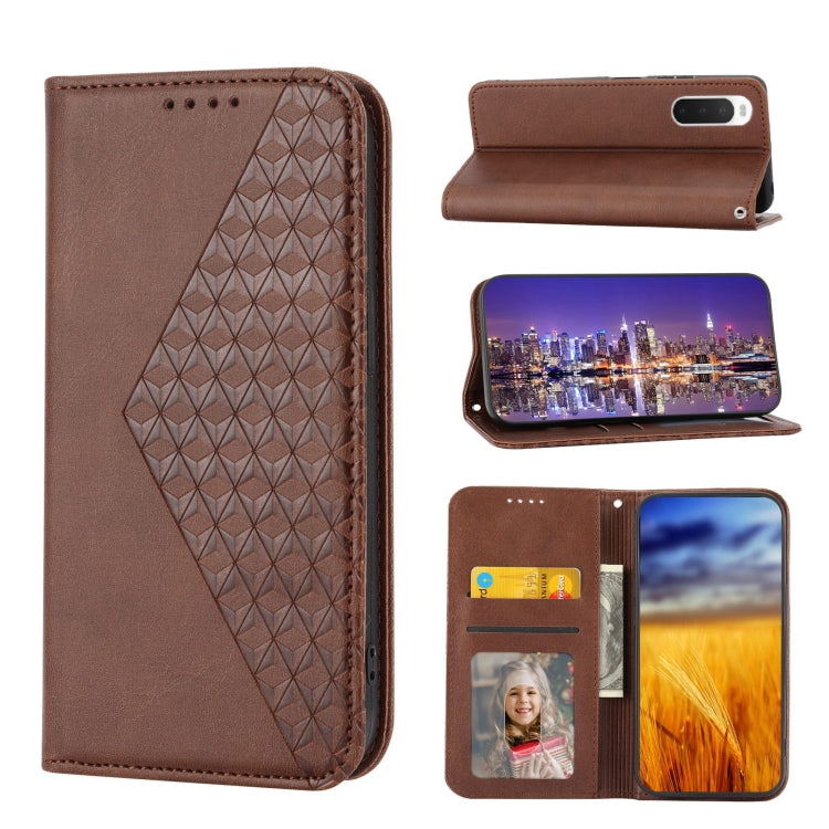 Magnetic leather phone case with cubic grid texture, card slots and photo window (brown)