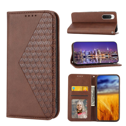 Magnetic leather phone case with cubic grid texture, card slots and photo window (brown)