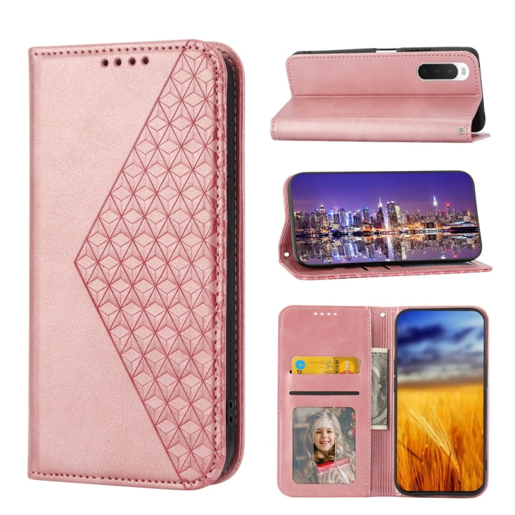 Pink leather phone case with cubic grid texture, magnetic closure, and wallet card compartments