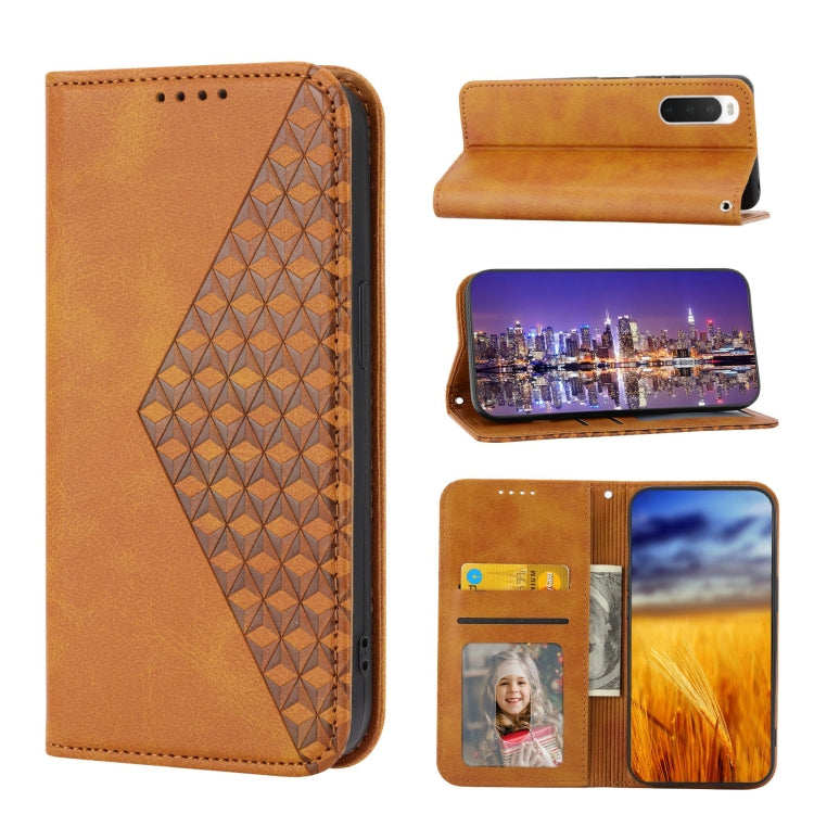 Brown leather phone case with cubic grid back, magnetic flip, interior card slots