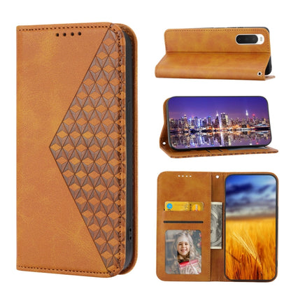 Brown leather phone case with cubic grid back, magnetic flip, interior card slots