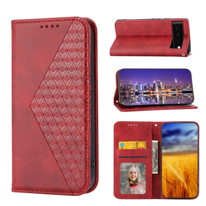 Red leather phone case with embossed cubic grid design and magnetic flip closure