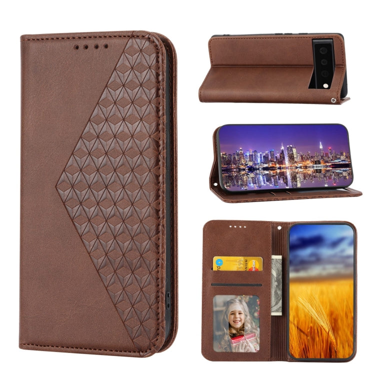 Magnetic leather phone case with cubic grid texture, card slots and photo window (brown)