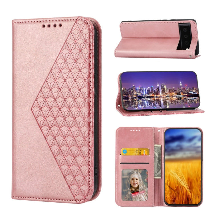 Pink leather flip phone case with cubic grid texture and magnetic closure; wallet with card slots