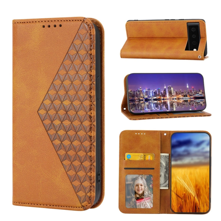 Brown leather magnetic wallet phone case, cubic geometric back texture, card compartments