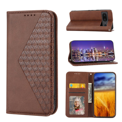 Magnetic leather phone case with cubic grid texture, card slots and photo window (brown)