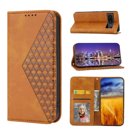 Brown leather wallet phone case, cubic grid texture, magnetic closure, card slots