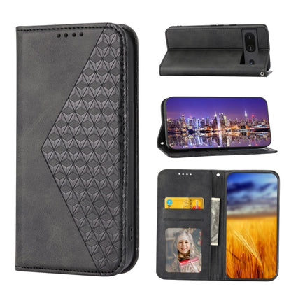 Black leather phone case with geometric cubic texture and magnetic flip closure