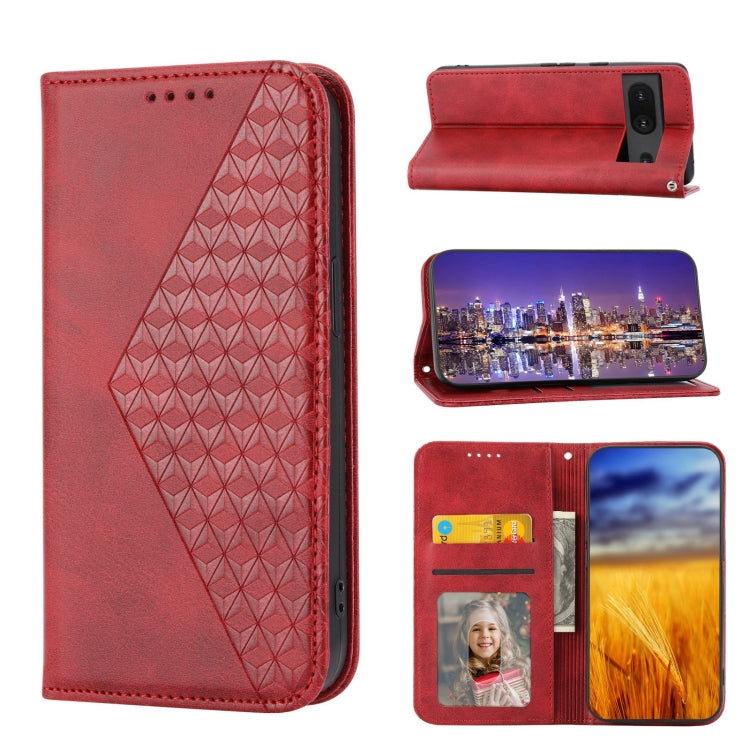 Red leather phone case with cubic grid embossed texture and magnetic flip closure