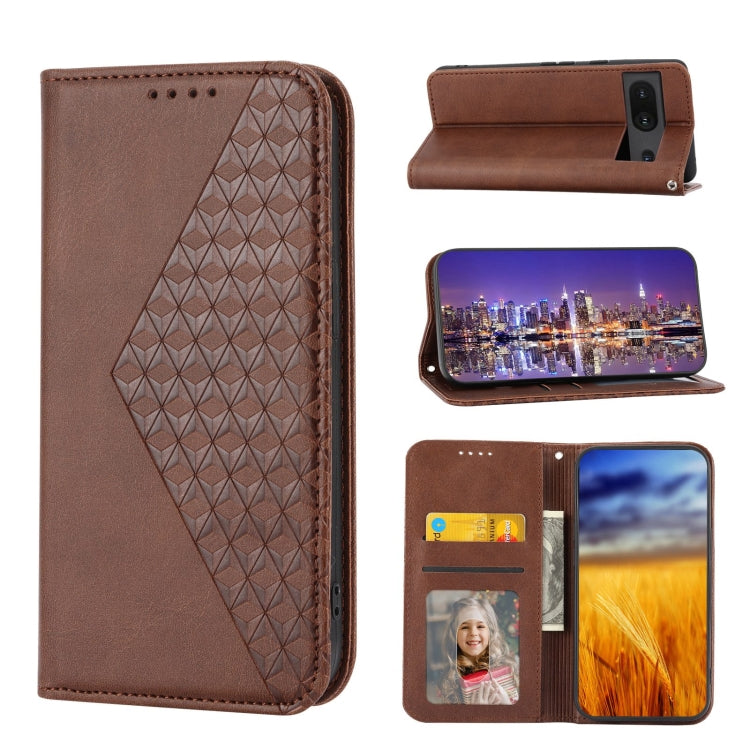 Magnetic leather phone case with cubic grid texture, card slots and photo window (brown)