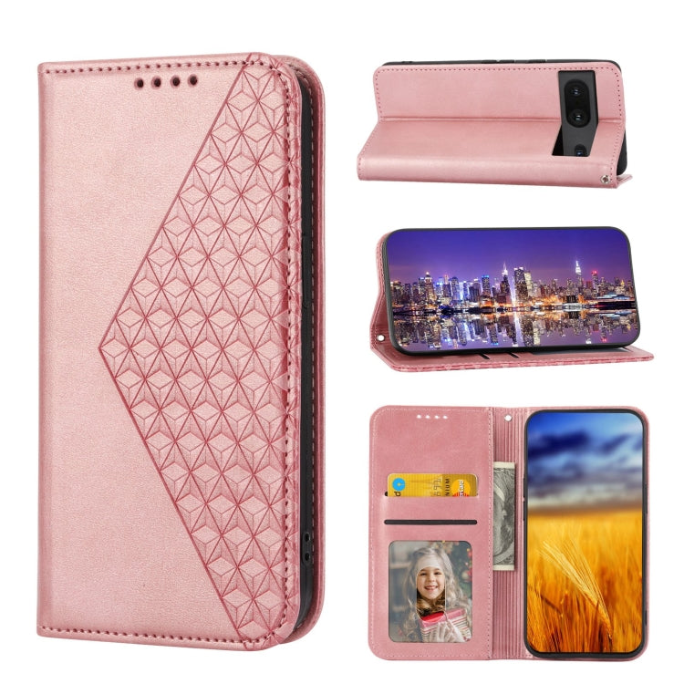 Pink leather magnetic closure phone case featuring cubic grid texture; folio wallet with card slots