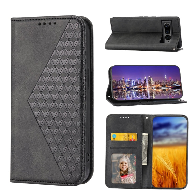 Black leather phone case with cubic grid embossed pattern and magnetic clasp
