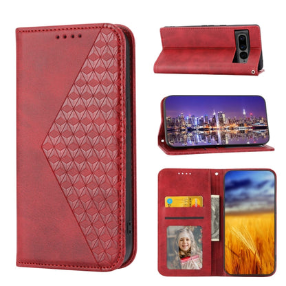 Magnetic leather phone case with cubic grid texture, card slots and photo window (red)