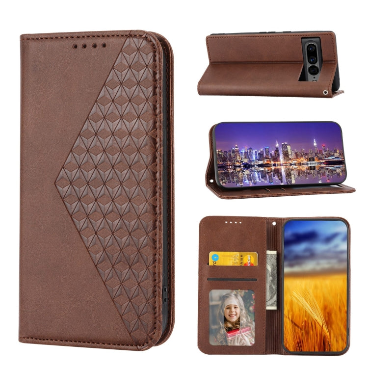 Magnetic leather phone case with cubic grid texture, card slots and photo window (brown)