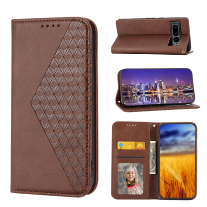 Magnetic leather phone case with cubic grid texture, card slots and photo window (brown)