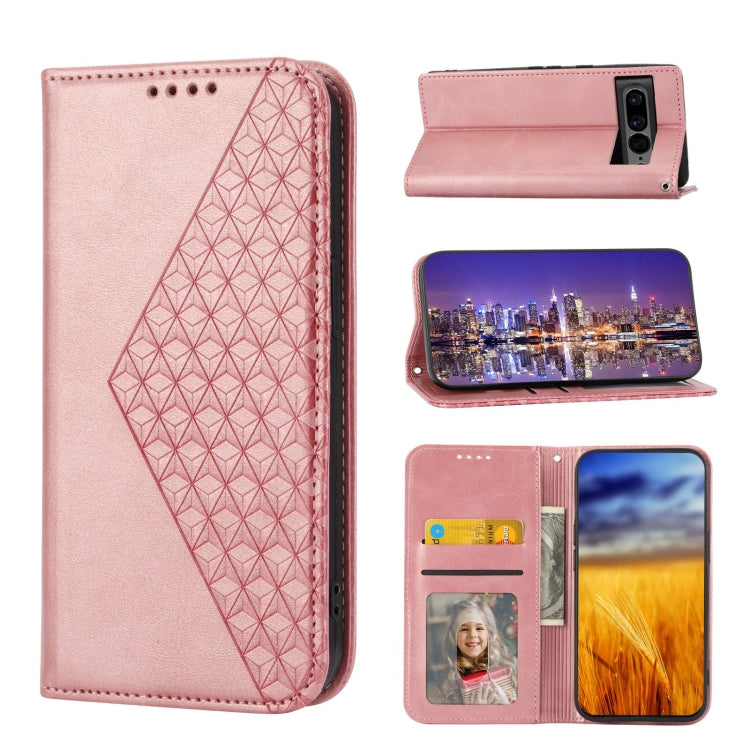 Pink leather flip phone case with cubic grid texture and magnetic closure; wallet with card slots