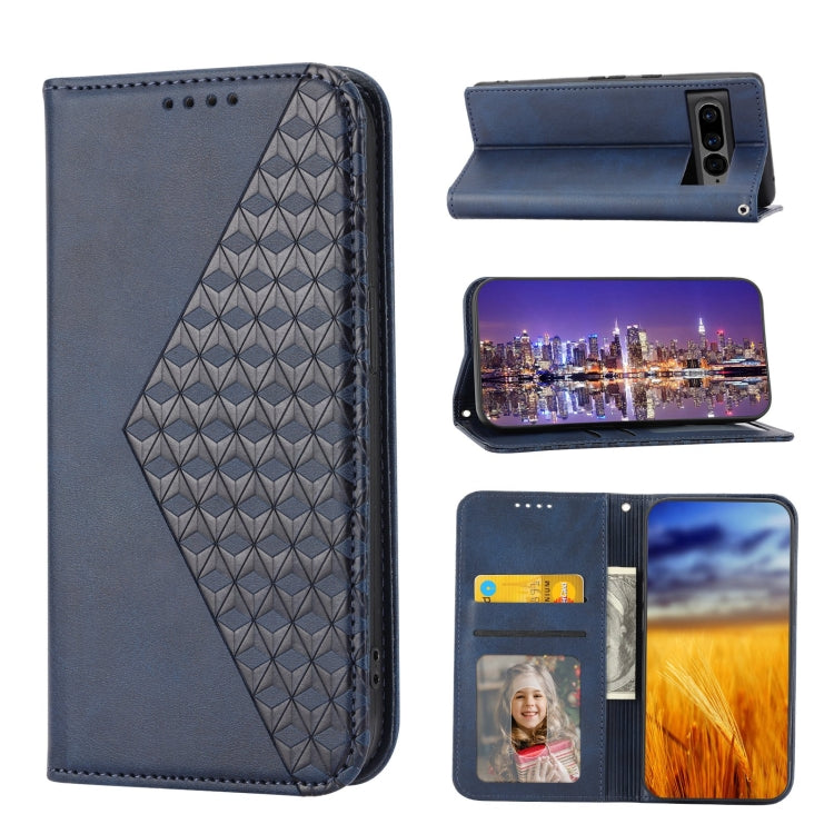 Dark leather phone case with geometric grid back, magnetic closure, card and photo pockets