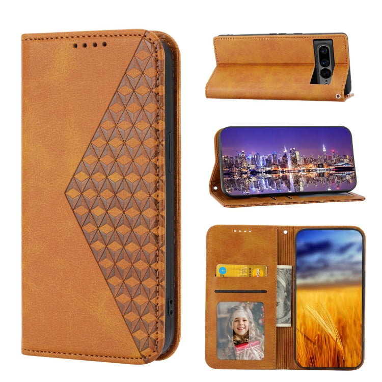 Brown leather folio phone case with cubic grid emboss, magnetic closure, camera cutout