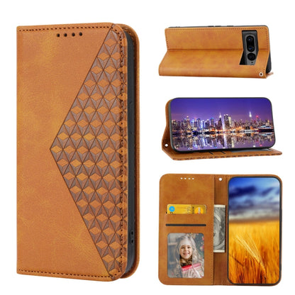 Brown leather folio phone case with cubic grid emboss, magnetic closure, camera cutout
