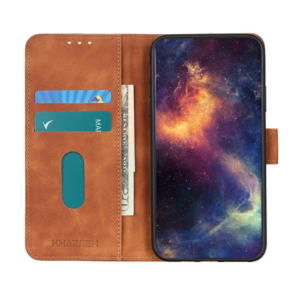 KHAZNEH brown leather phone case opened, showing card pockets and inner sleeve