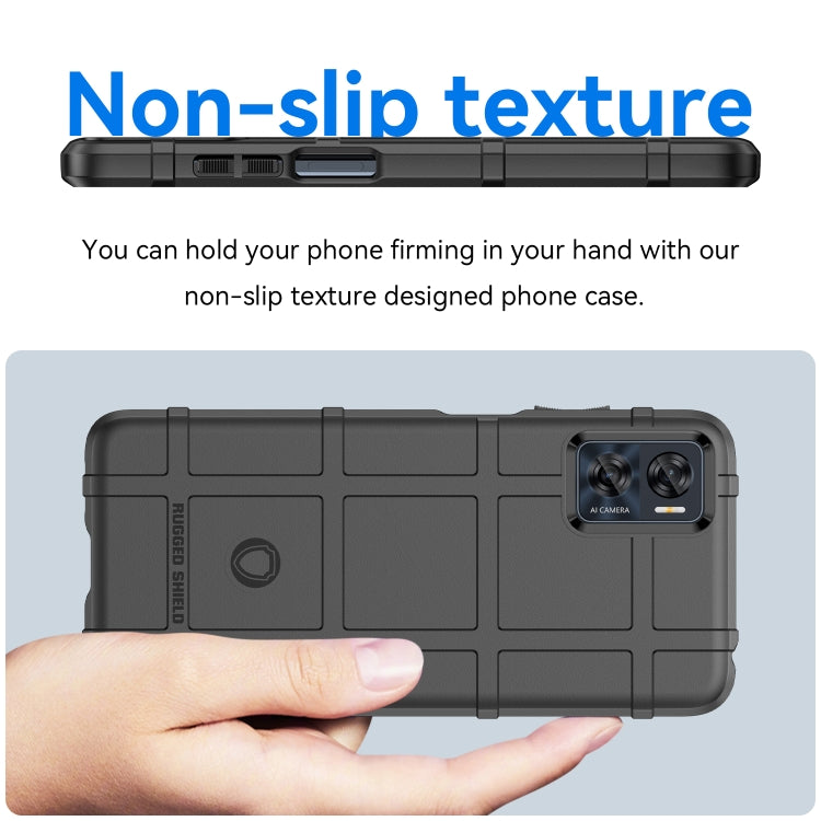 Black rugged TPU phone case with non-slip textured back and camera cutout.