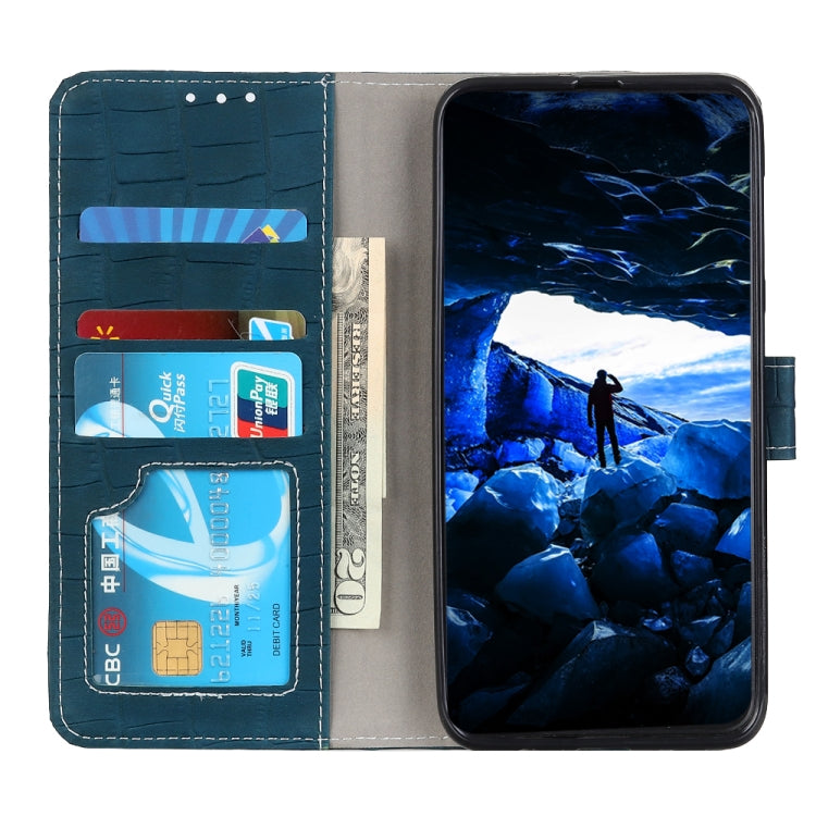Crocodile-texture leather phone case with magnetic flap, blue-green, view of card slots