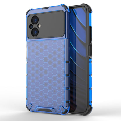 Shockproof honeycomb phone case with hex grid back, blue frame and TPU corners