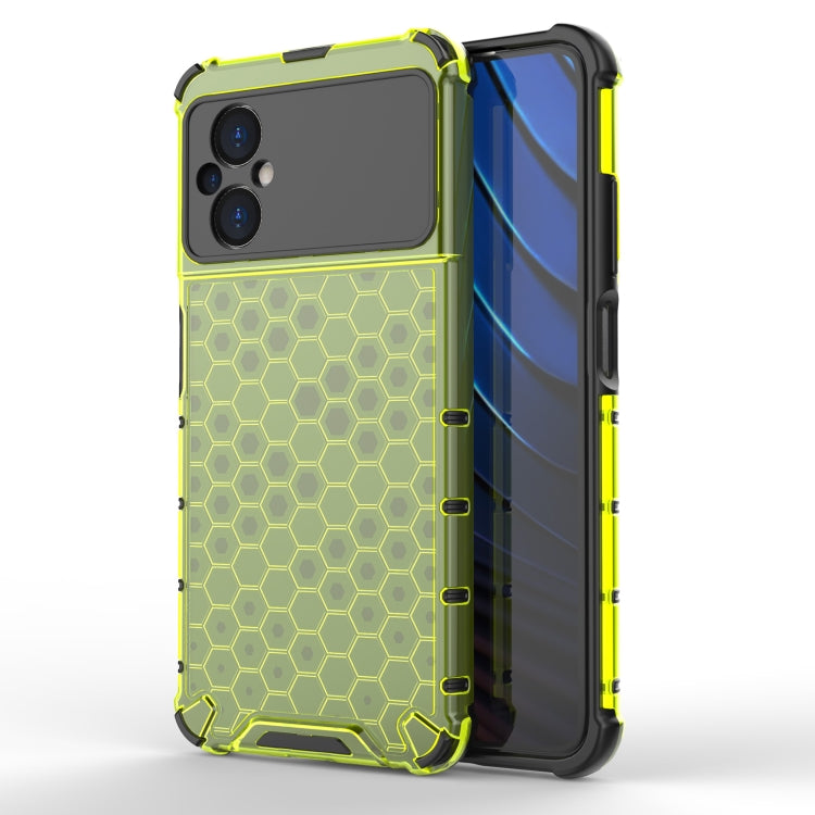 Shockproof honeycomb phone case with hex grid back, green frame with neon accent