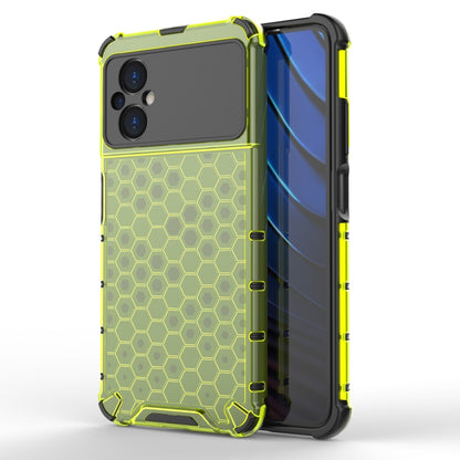 Shockproof honeycomb phone case with hex grid back, green frame with neon accent
