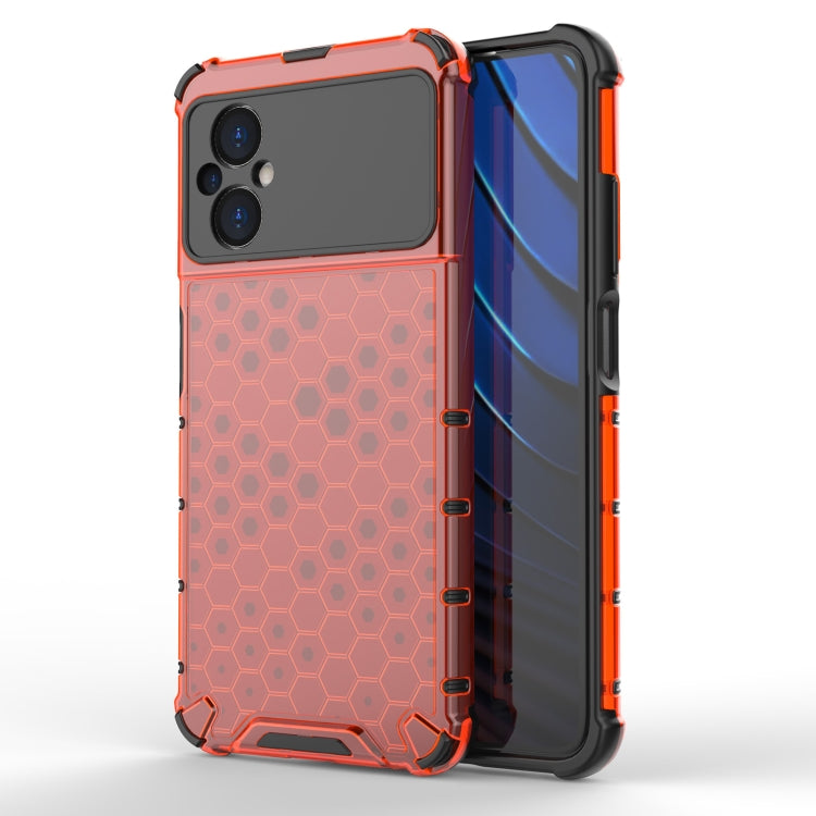 Shockproof honeycomb phone case with hex grid back, red frame with TPU shock corners