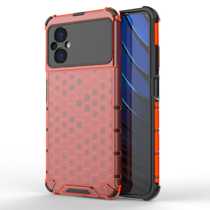 Shockproof honeycomb phone case with hex grid back, red frame with TPU shock corners