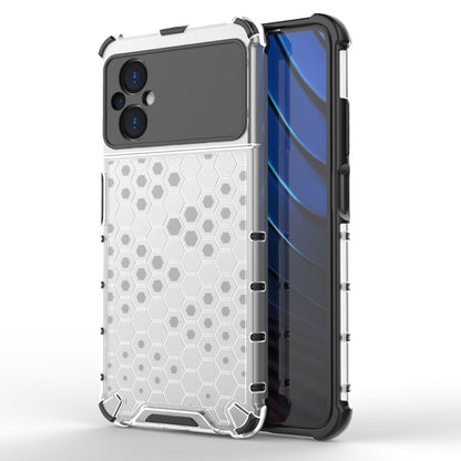 Shockproof honeycomb phone case with clear hex pattern, white frame and TPU corners