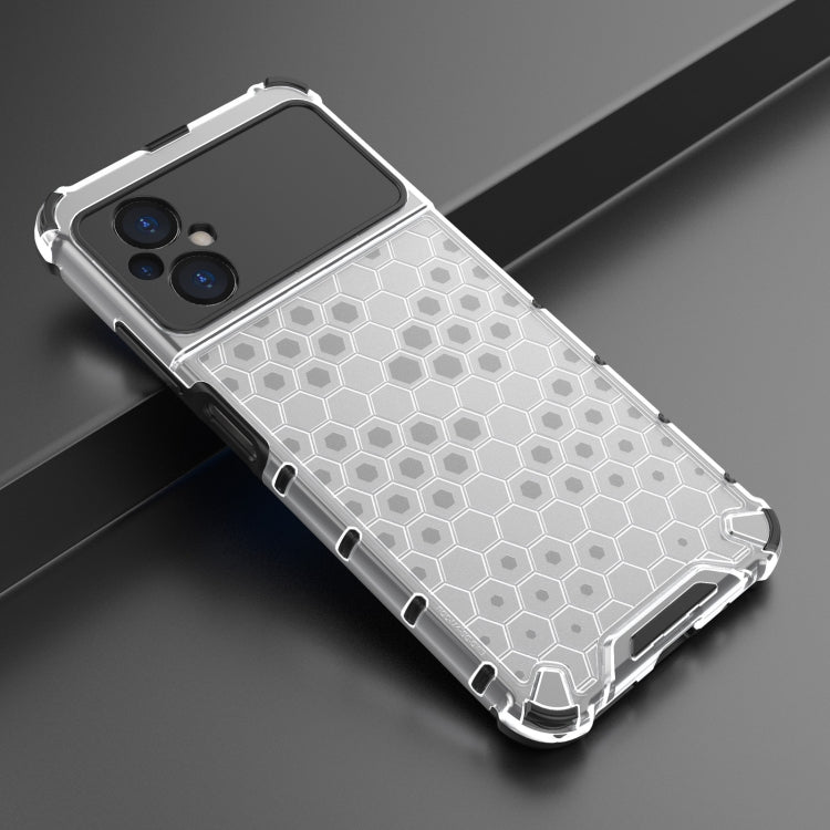 Shockproof honeycomb phone case with hex grid back, white with raised TPU edges