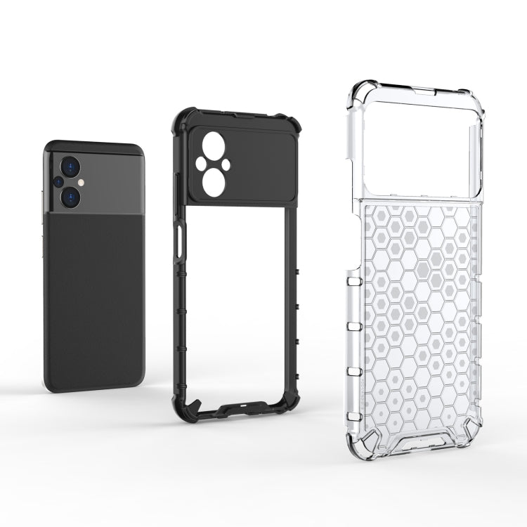 Shockproof honeycomb phone case shown in black and white angles with cutouts