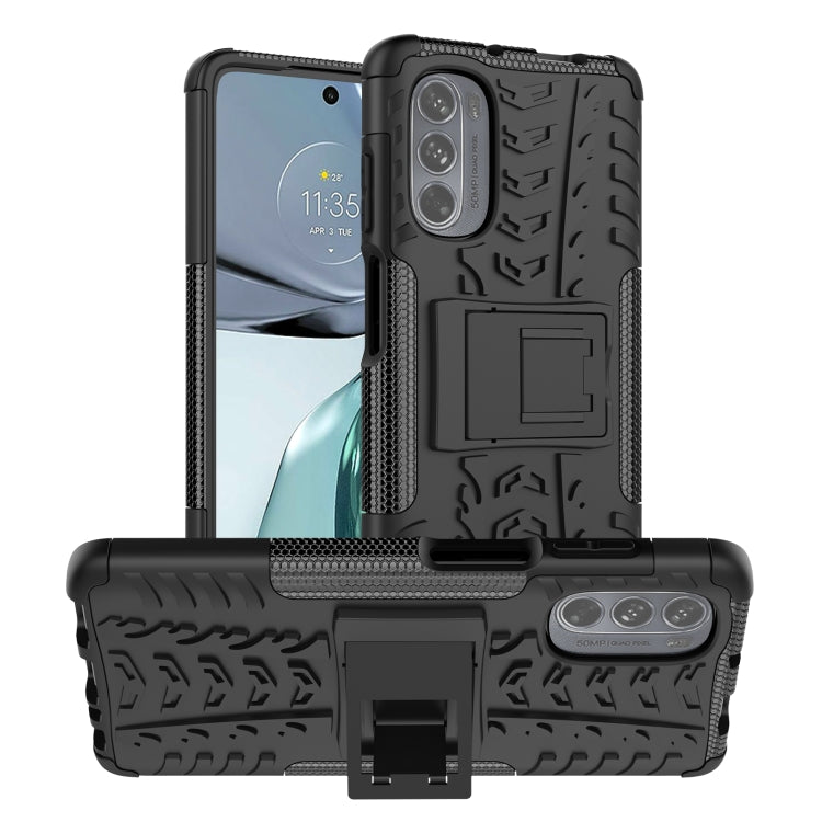 Black tire-texture TPU and PC phone case with built-in kickstand and camera cover