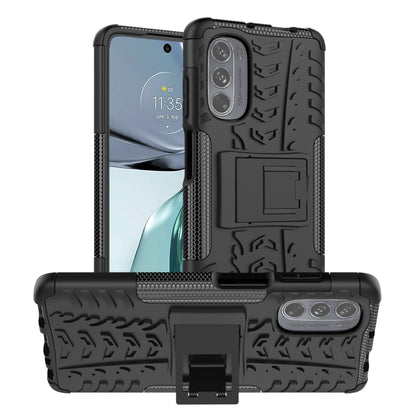 Black tire-texture TPU and PC phone case with built-in kickstand and camera cover
