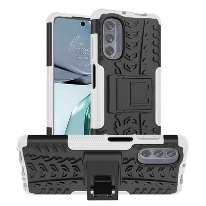 White tire-texture TPU and PC phone case with built-in kickstand and holder panel
