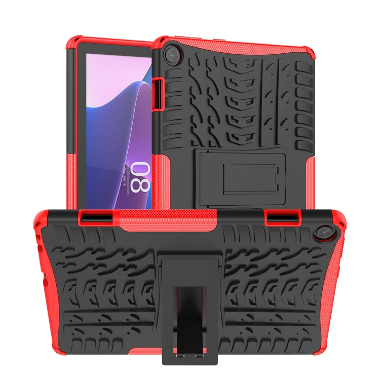 Red tire-texture TPU and PC tablet case with built-in holder, kickstand, and camera cutout
